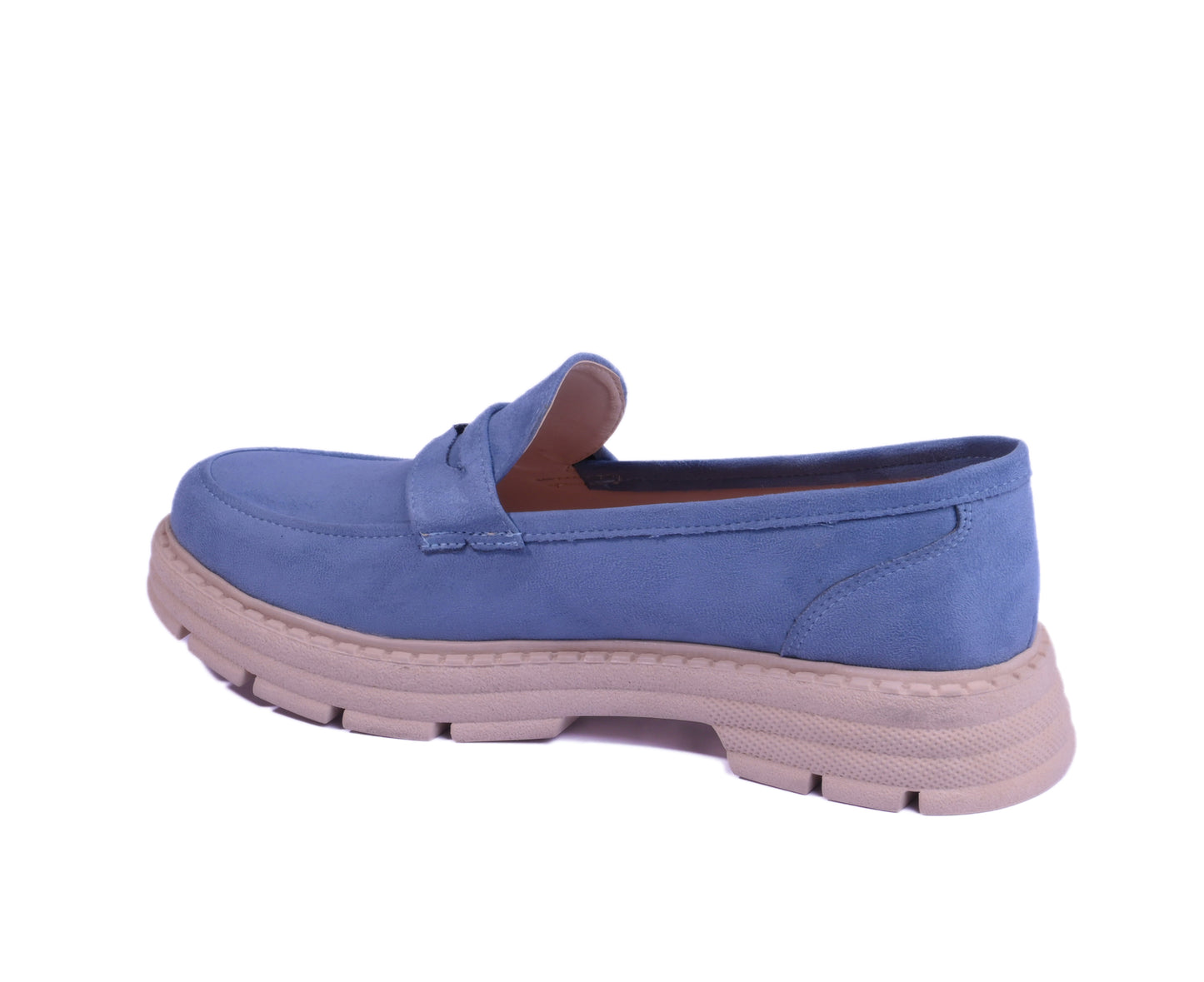 Blue slip-on shoe with a thick sole on a white background