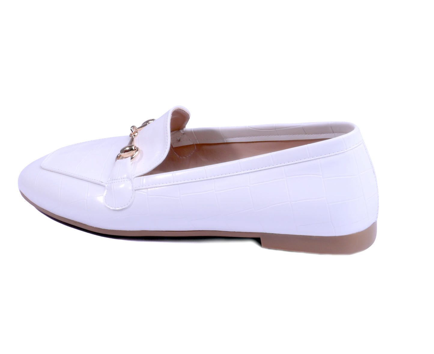 A pair of white crocodile-effect loafers with a square toe and gold buckle.