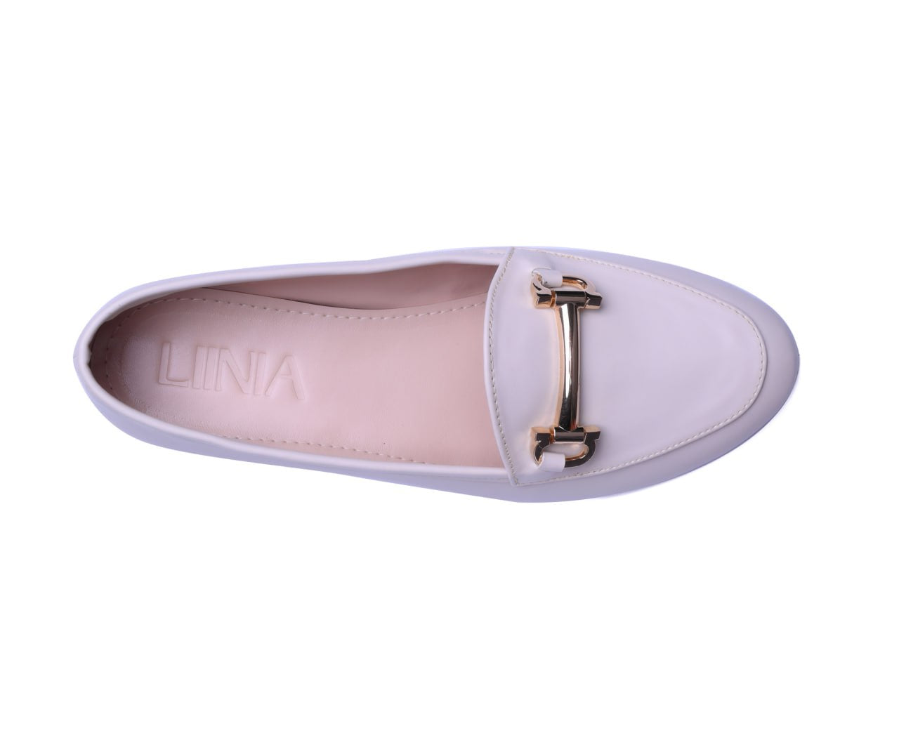 Off White loafers with gold accents on a white background