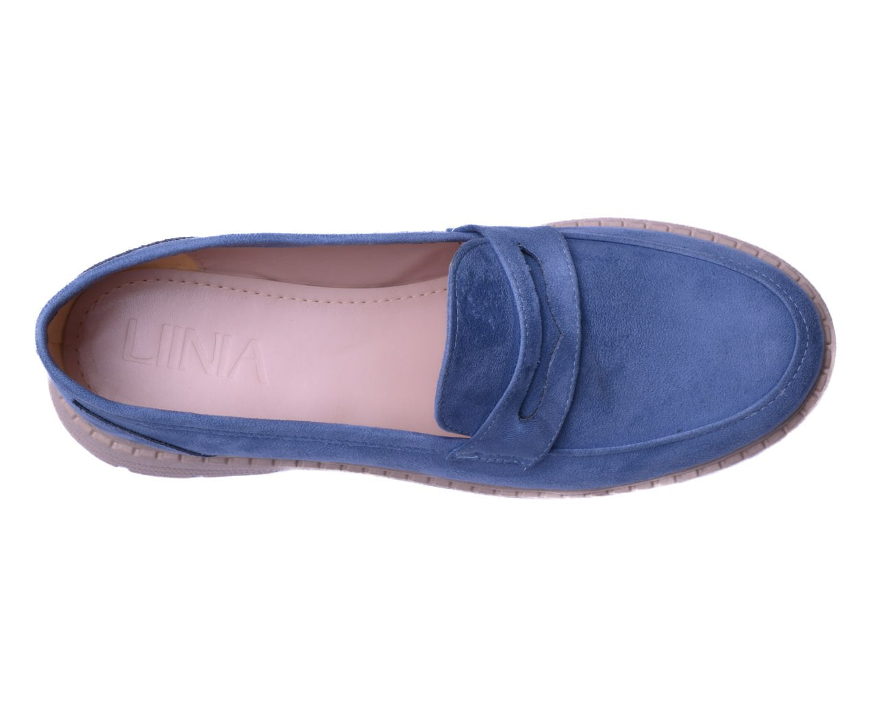  dusty blue suede chunky loafers with a beige lug sole