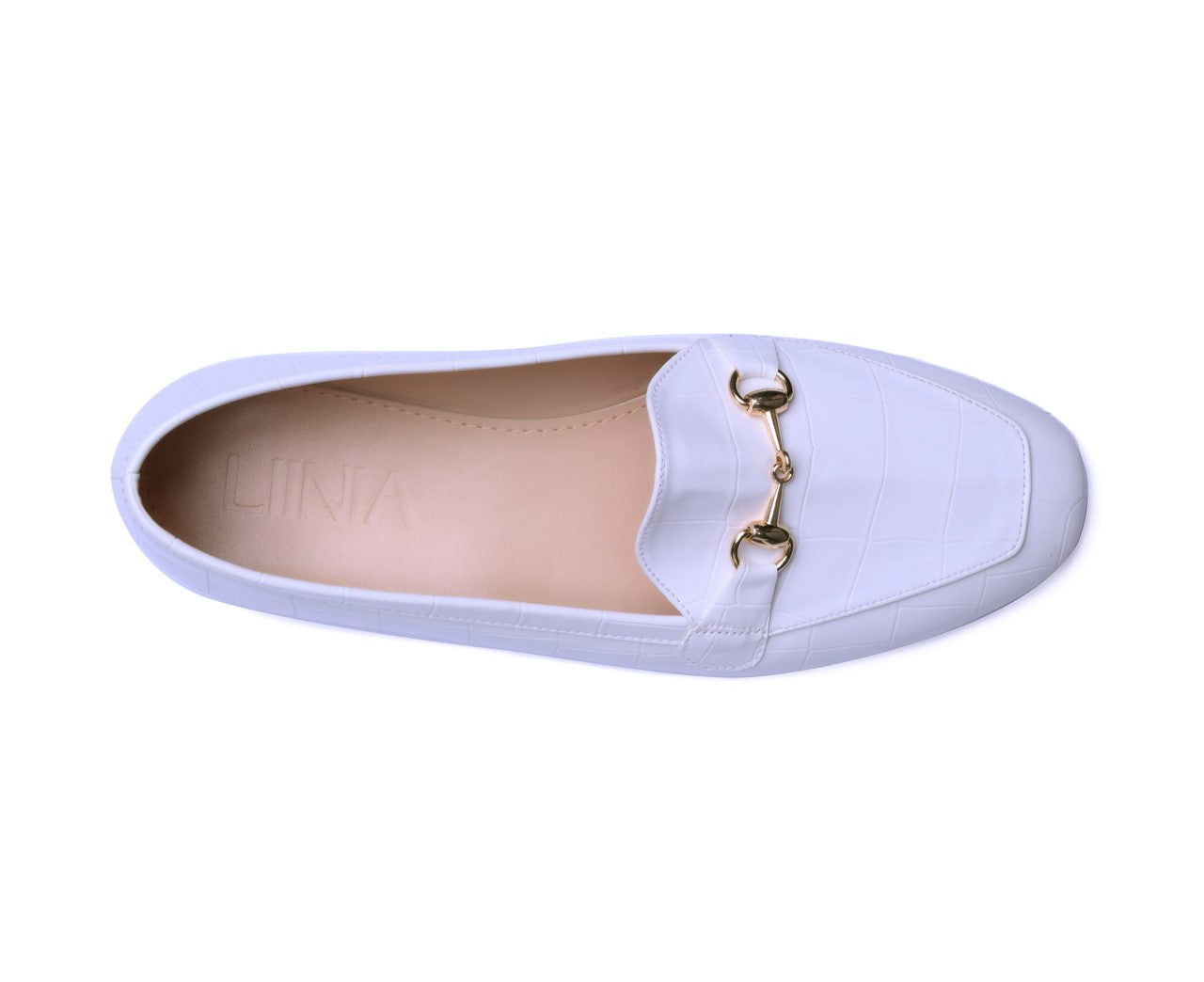  white crocodile-effect loafers with a square toe and gold buckle.