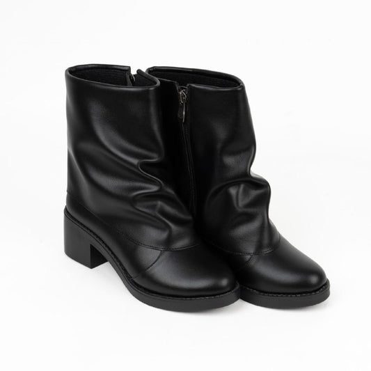 Black slouchy ankle boot with comfortable block heel.
