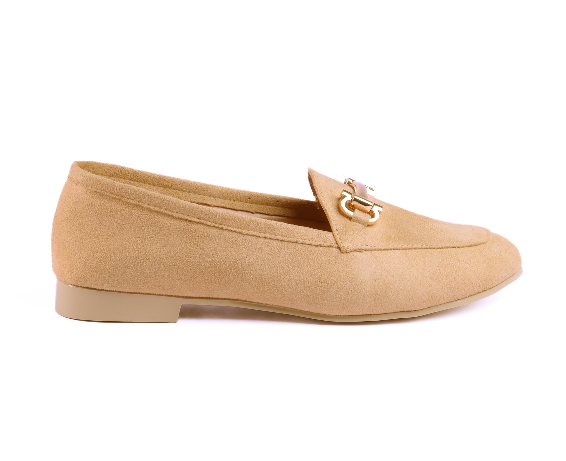 A pair of beige suede loafers with a shiny gold buckle for women
