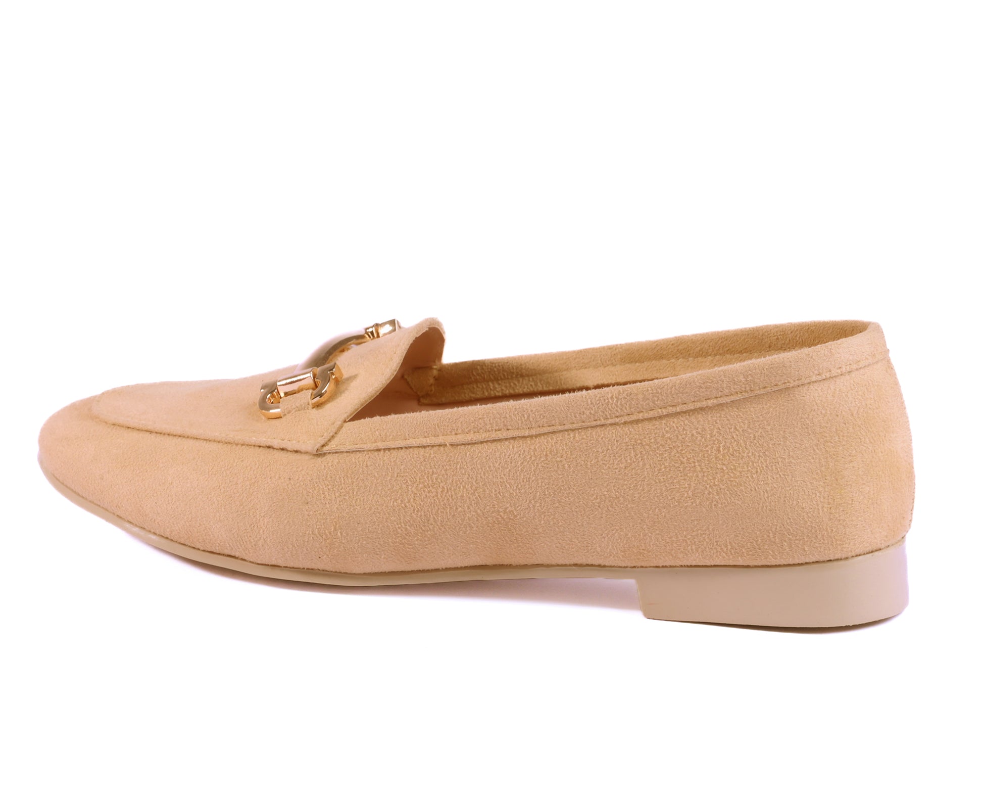 A pair of beige suede loafers with a shiny gold buckle for women