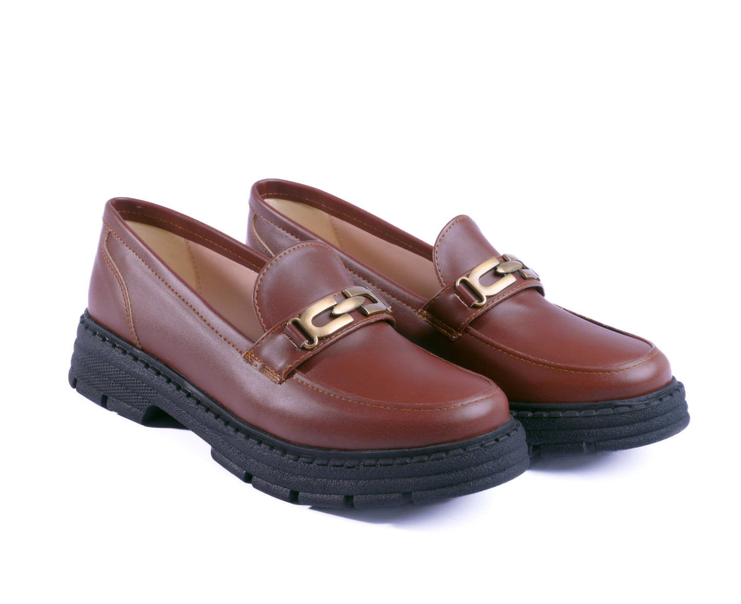 A pair of Havana chunky loafers with a thick black lug sole and gold chain