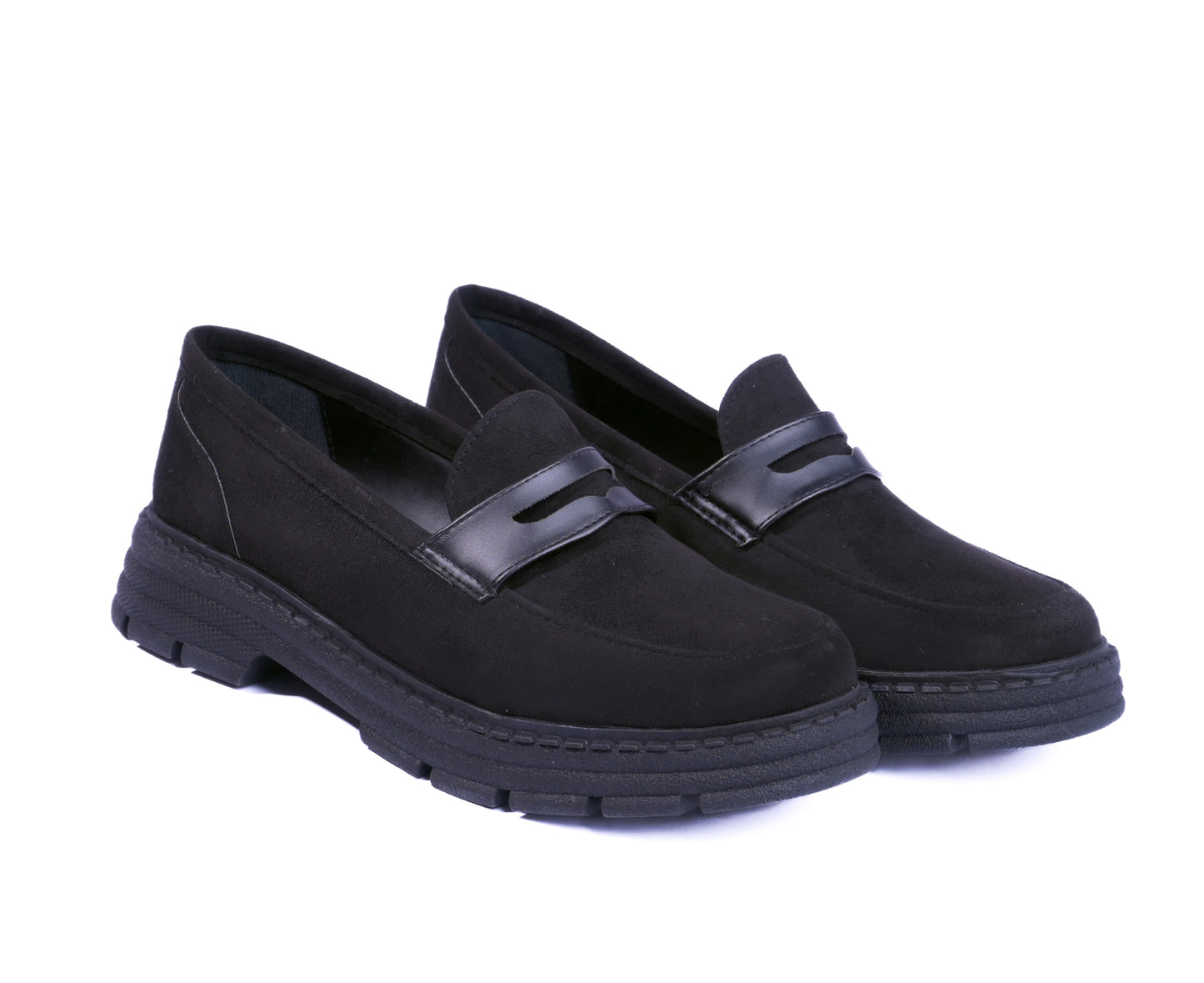 Black suede chunky loafers with a thick lug sole and leather strap.