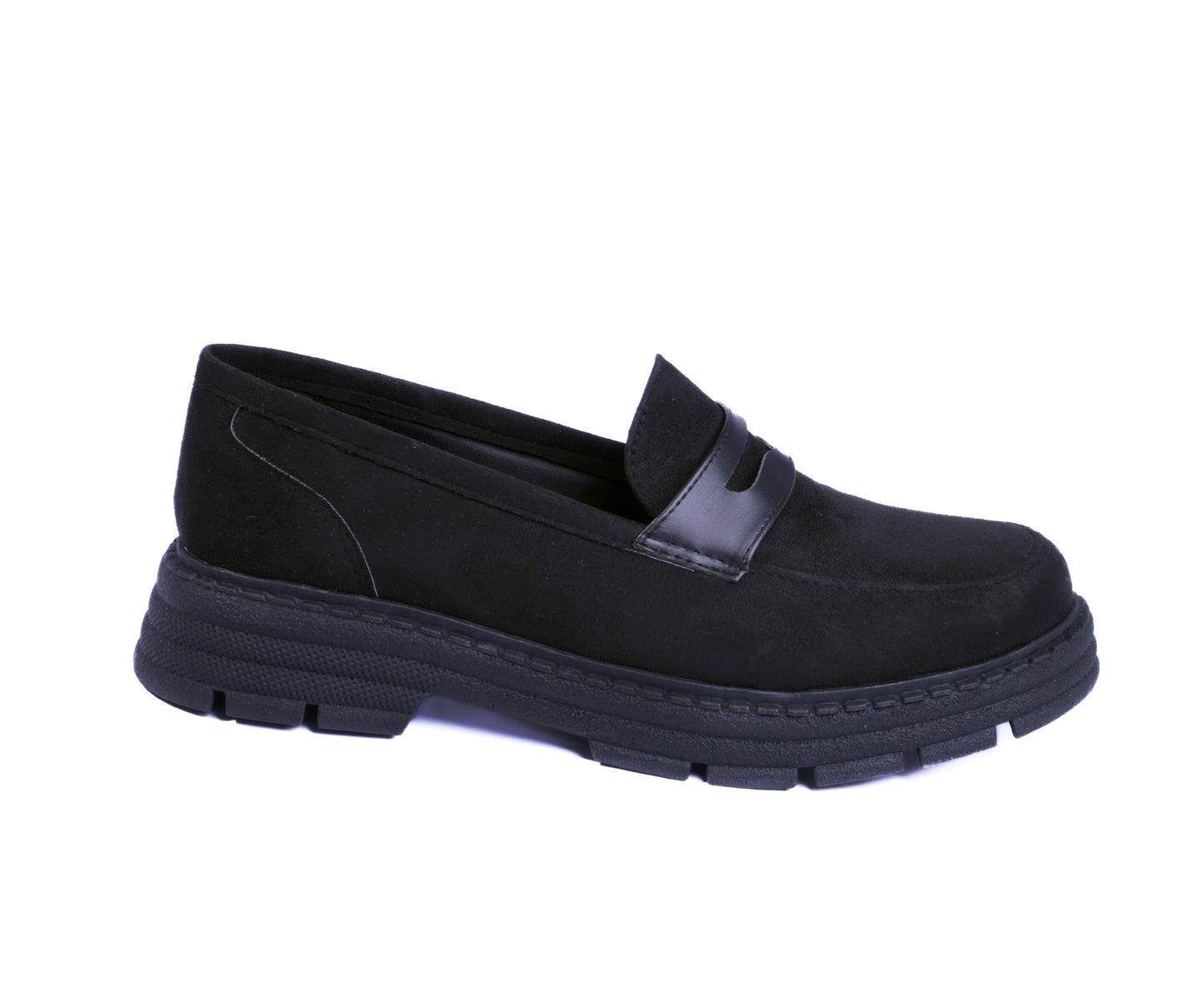 Black suede chunky loafers with a thick lug sole and leather strap.
