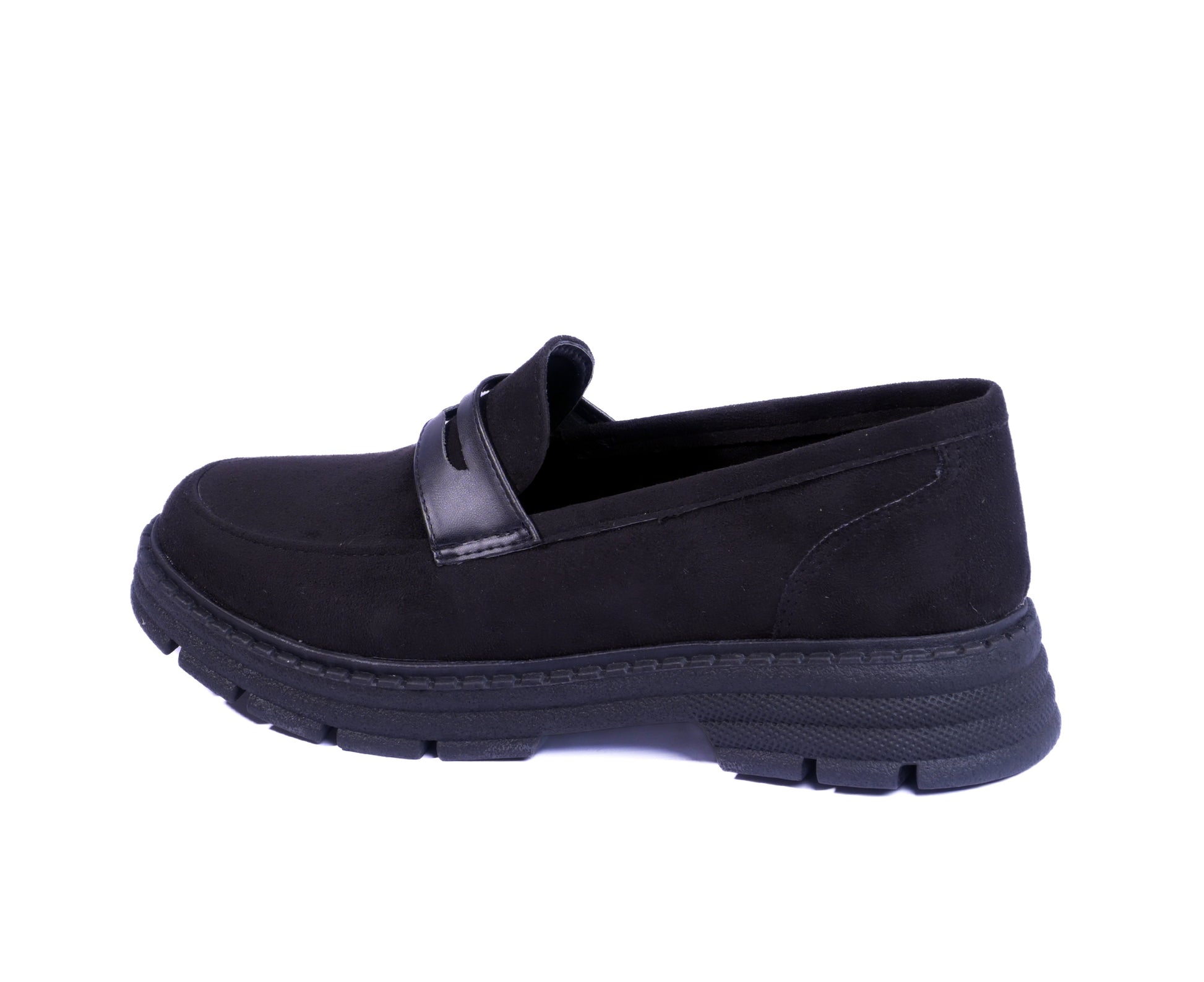 Black suede chunky loafers with a thick lug sole and leather strap.