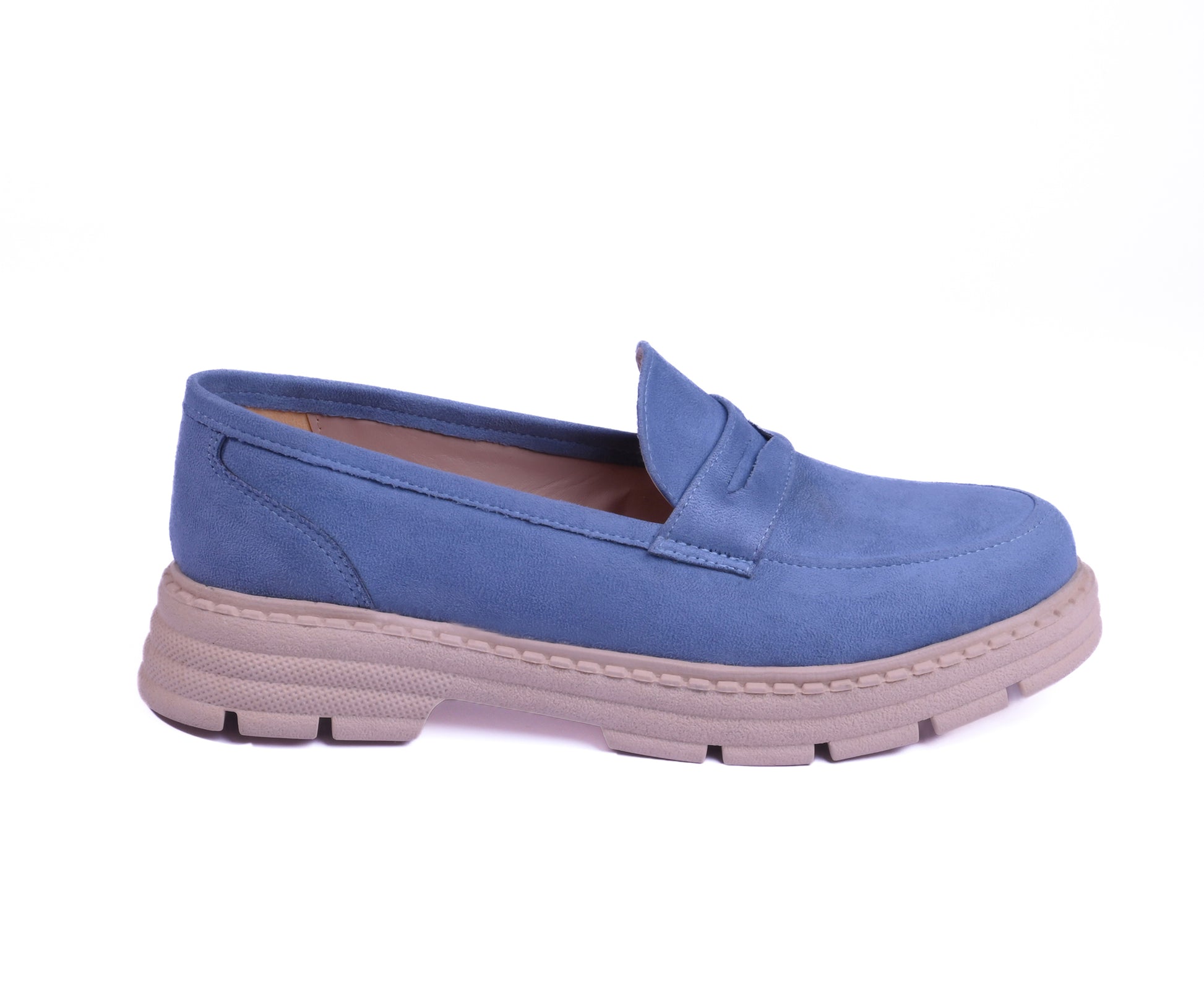  dusty blue suede chunky loafers with a beige lug sole
