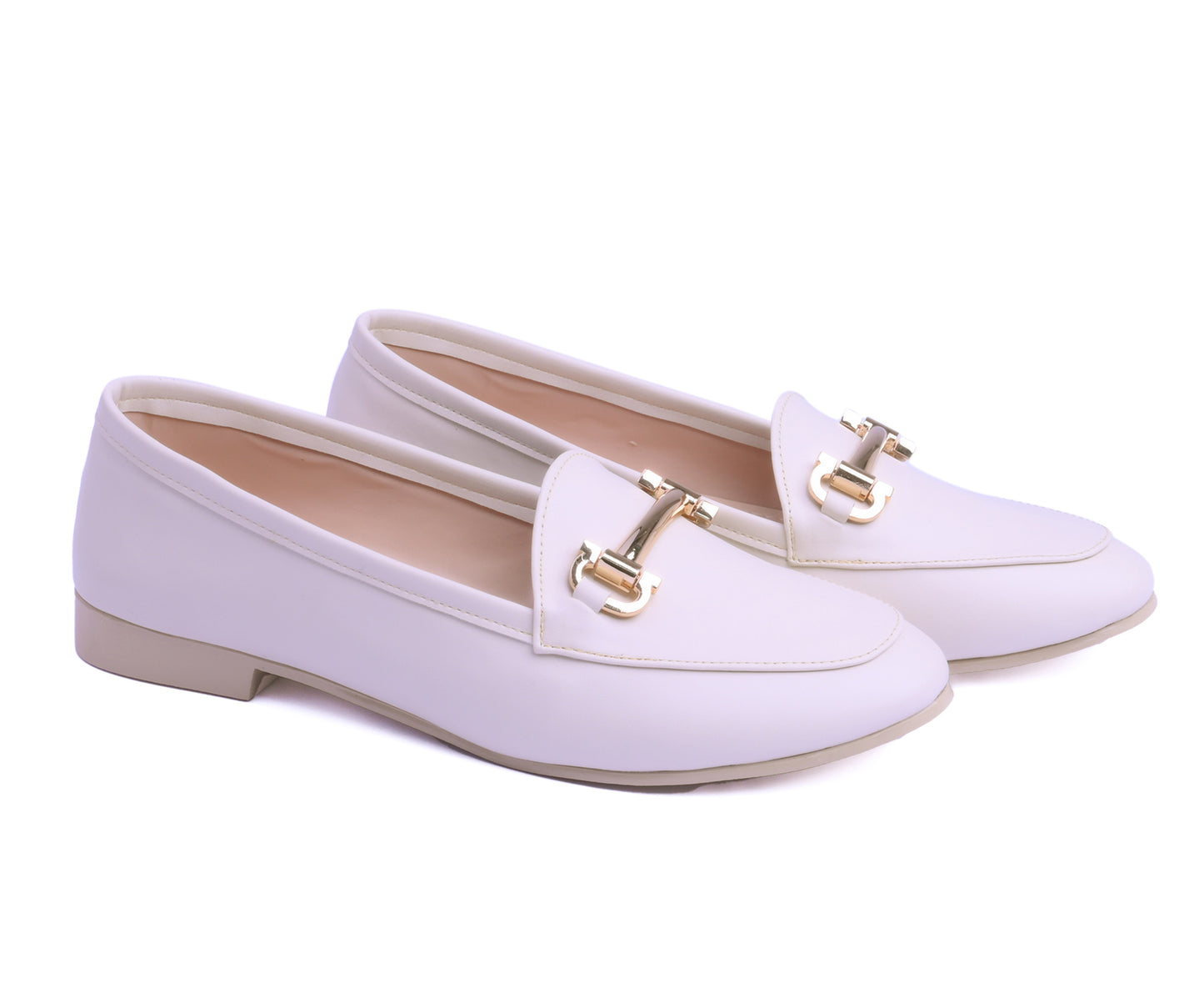 Off White loafers with gold accents on a white background