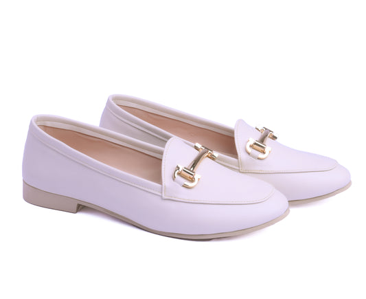 Off White loafers with gold accents on a white background