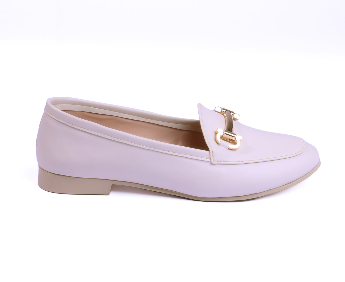 Off White loafers with gold accents on a white background
