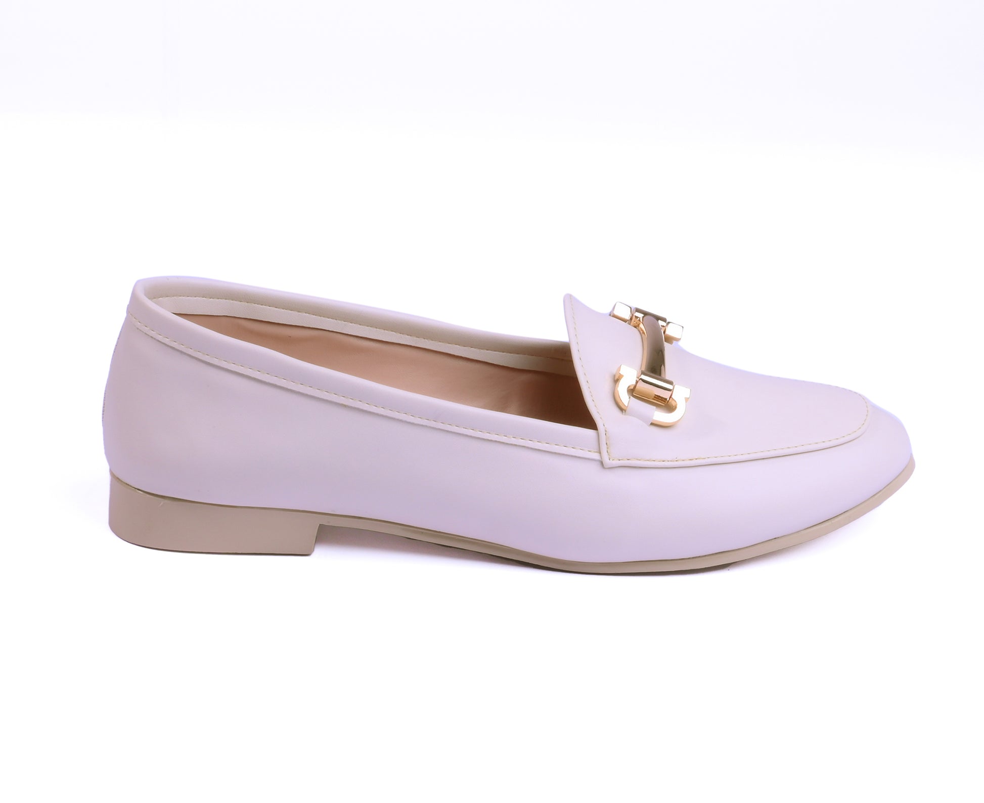 Off White loafers with gold accents on a white background