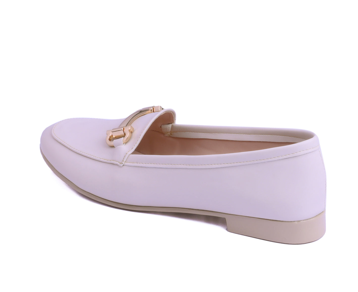 Off White loafers with gold accents on a white background