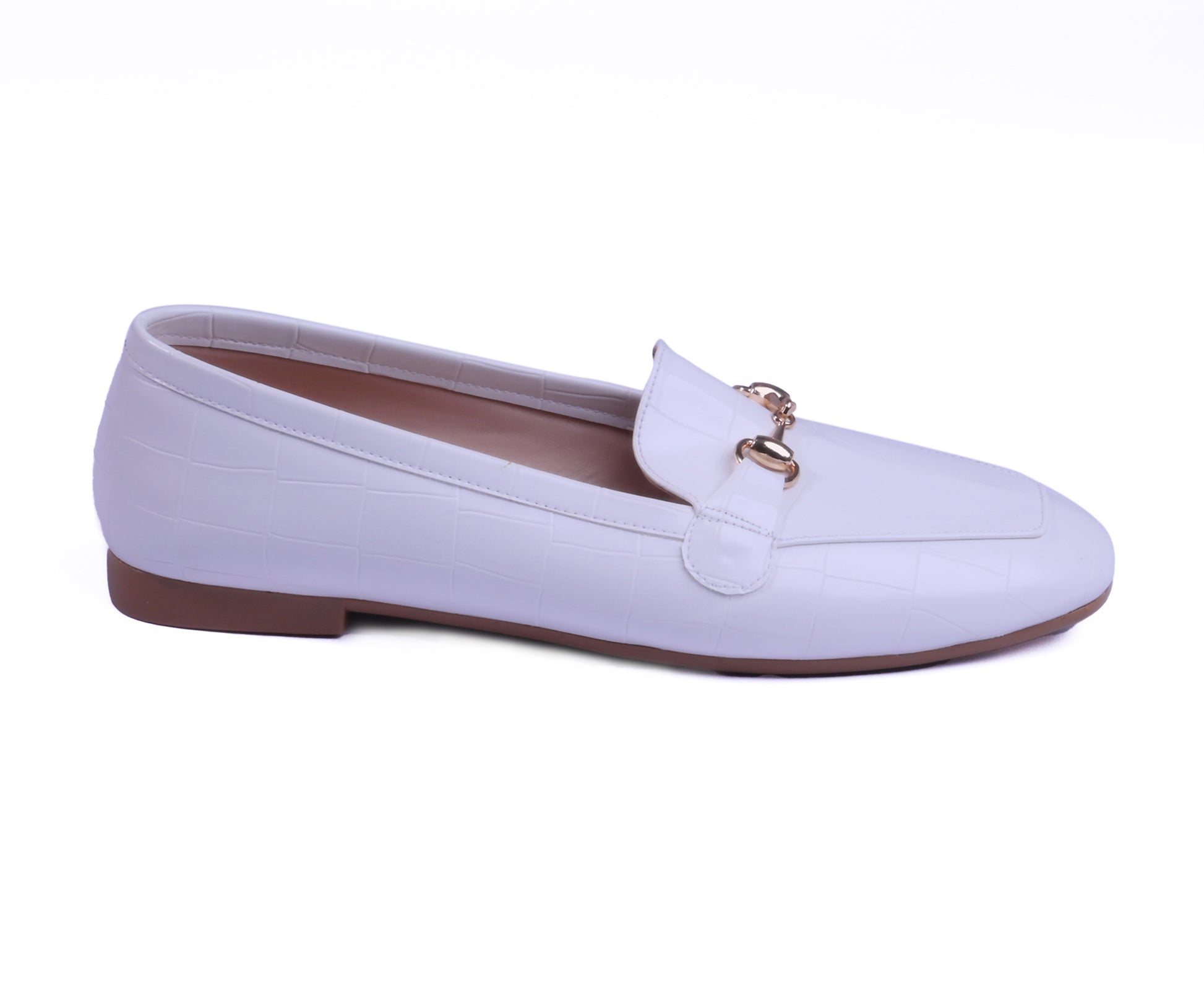 white crocodile-effect loafers with a square toe and gold buckle.