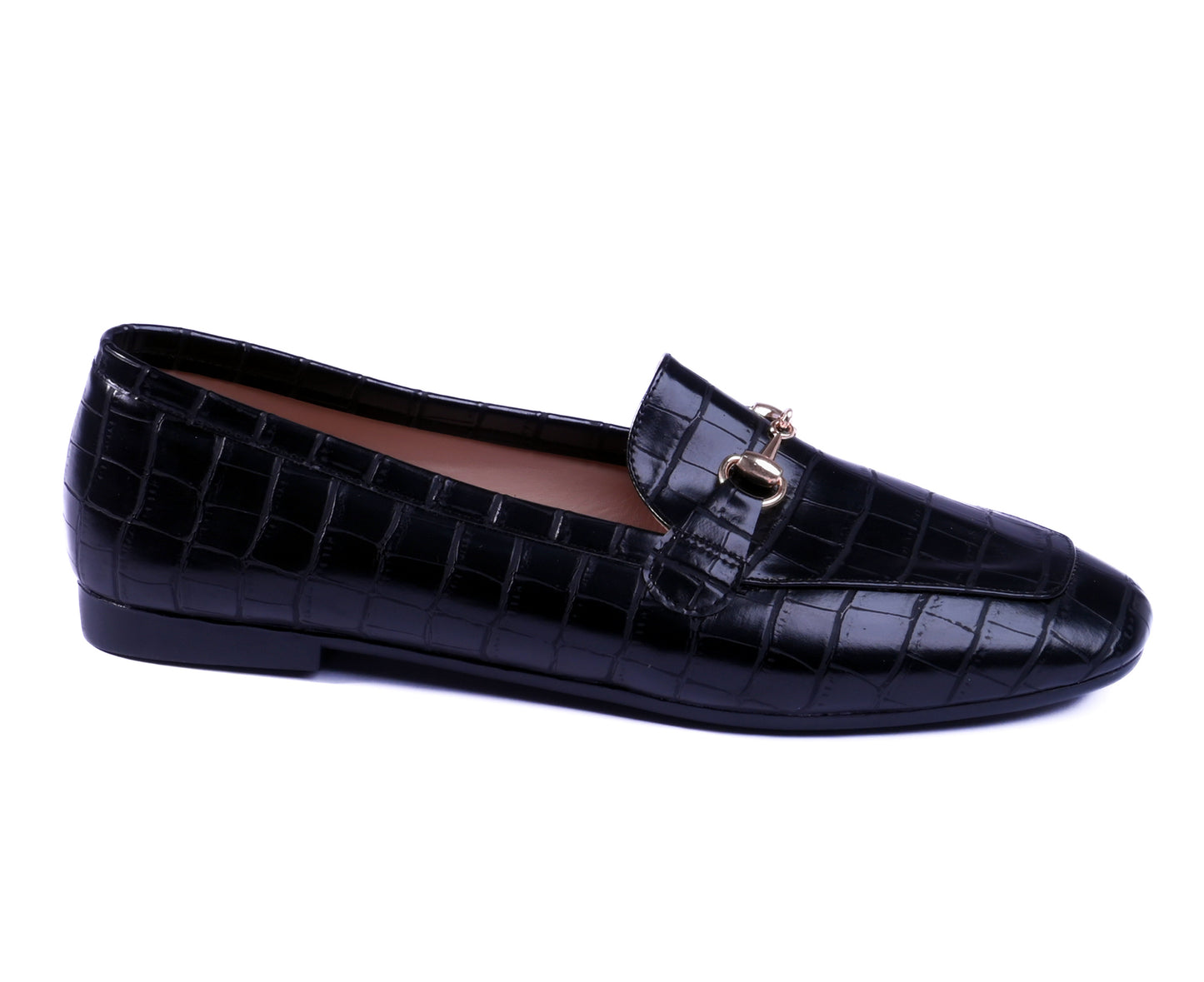 Black crocodile-patterned loafer shoe on a white background