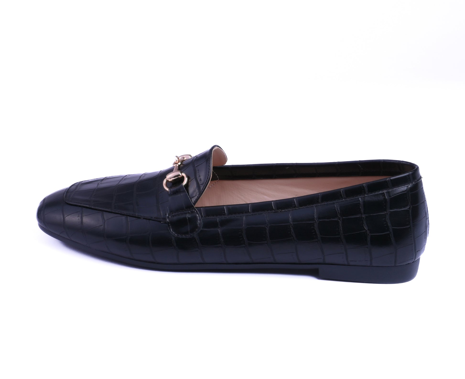 Black crocodile-patterned loafer shoe on a white background