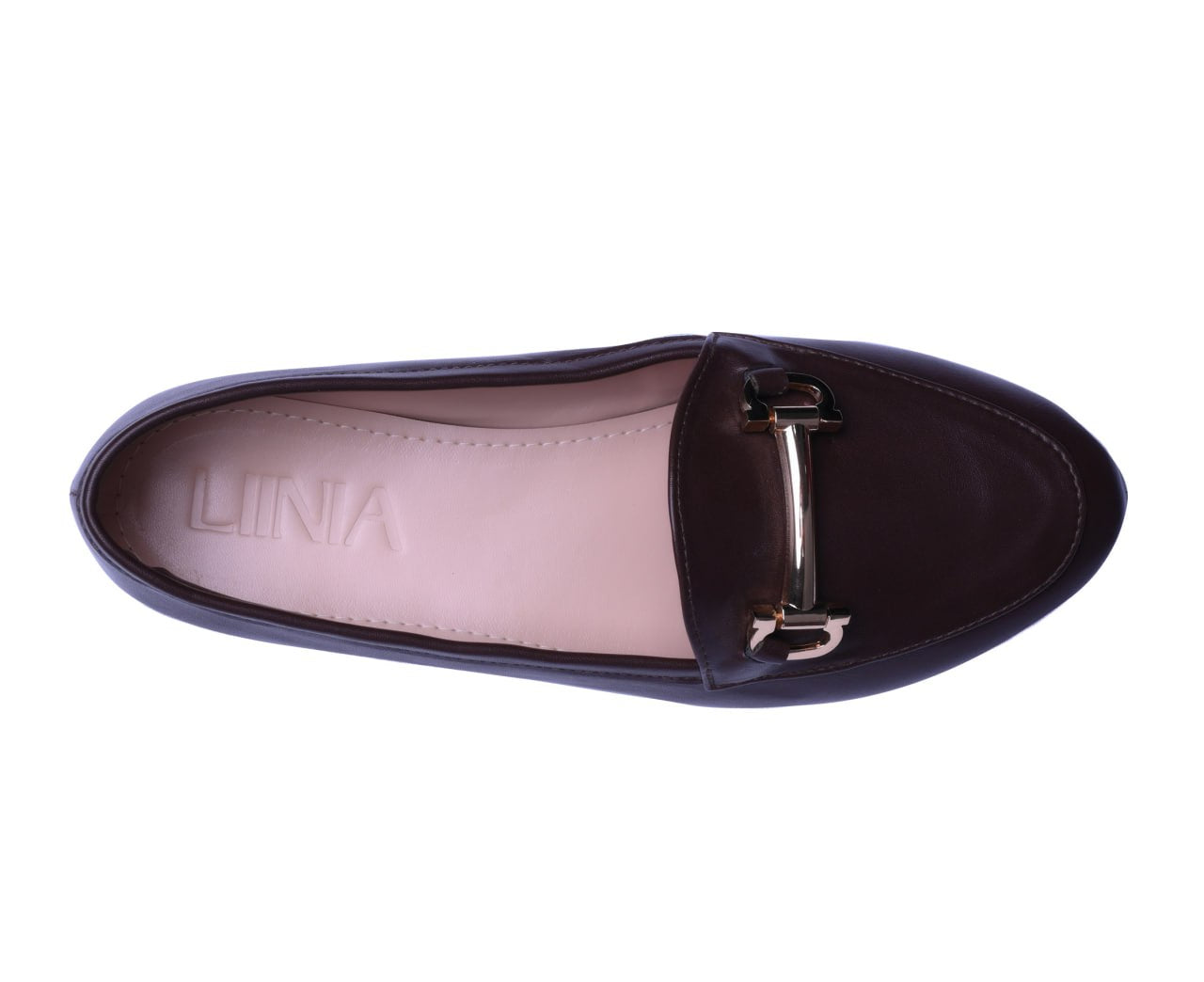 Brown loafer with a gold buckle on a white background
