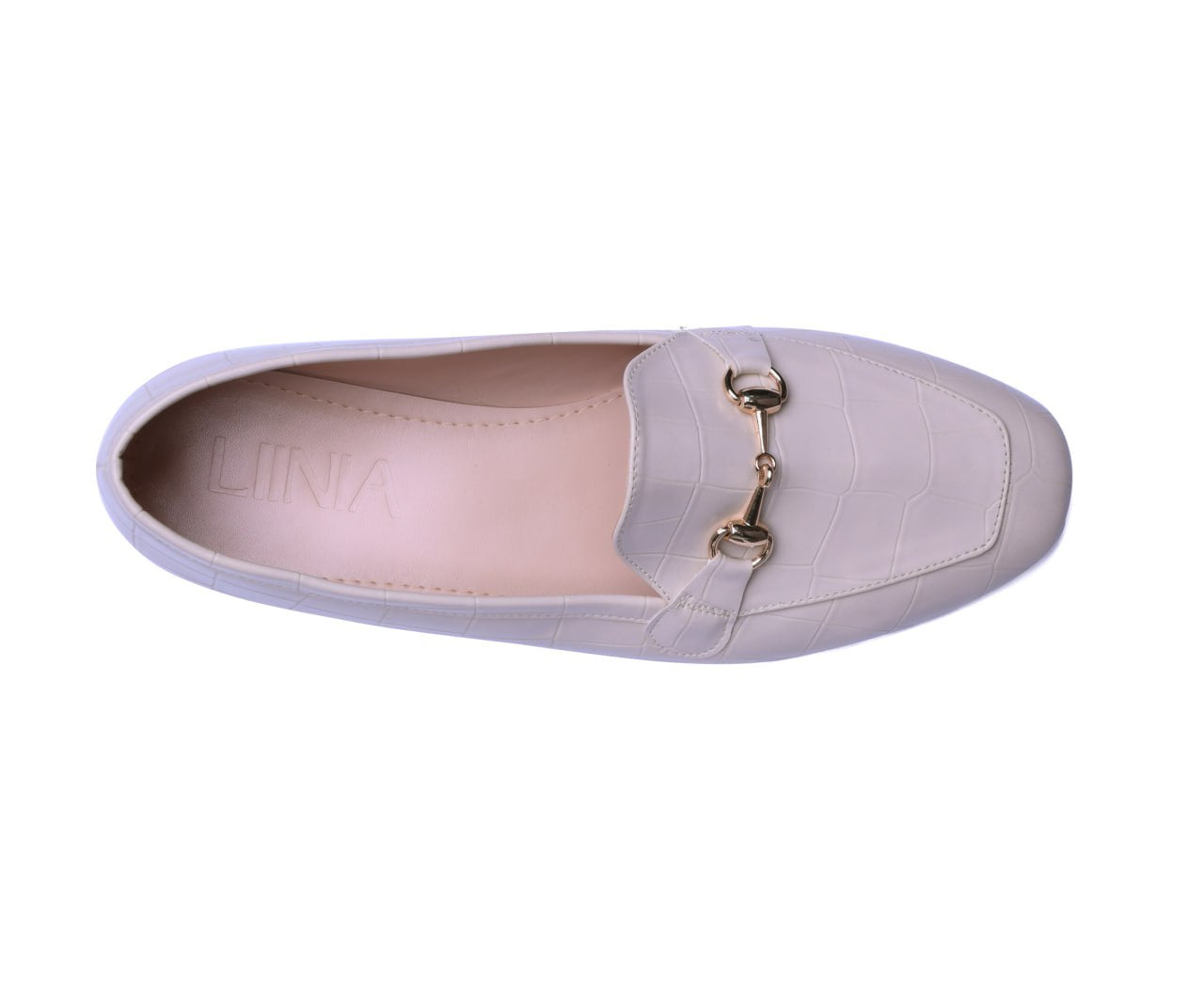 Liinia comfortable neutral-beige croc-effect flat shoes.