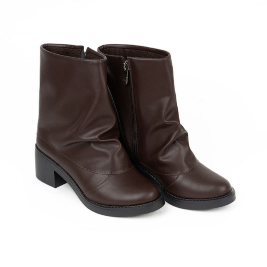 Mid-Heel  Slouchy Ankle Boot -Brown