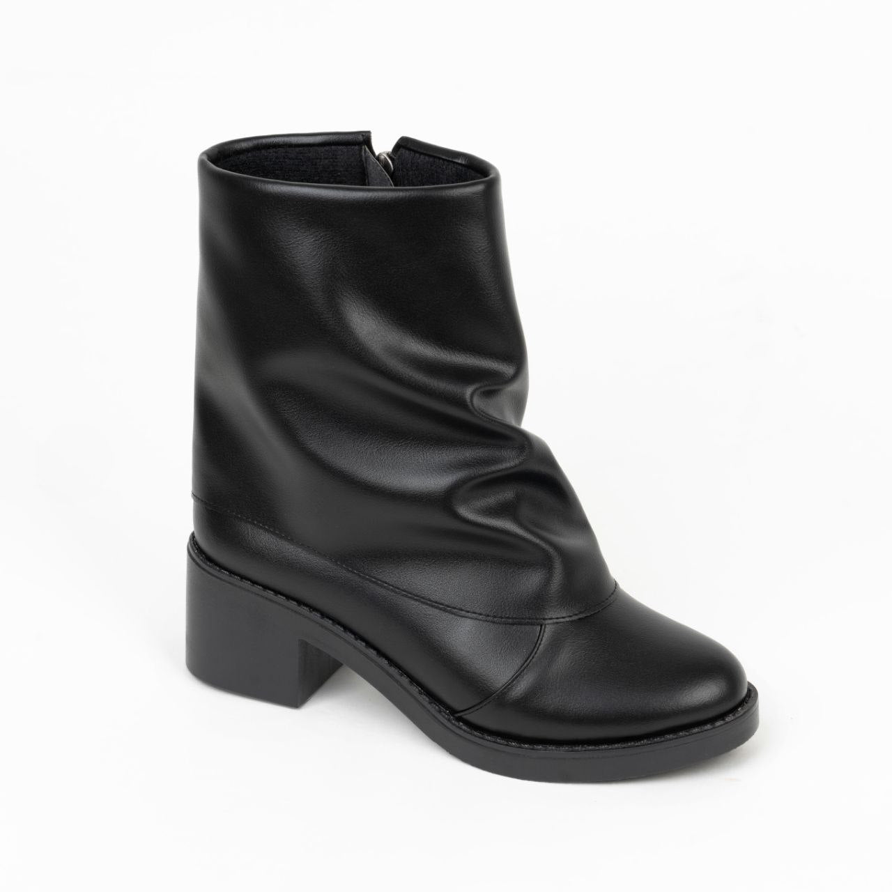 Black slouchy ankle boot with comfortable block heel.