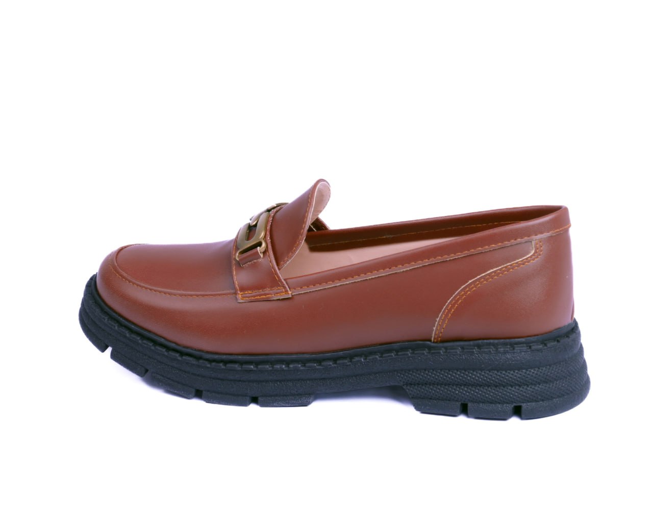 Havana chunky loafers with a thick black lug sole and gold chain