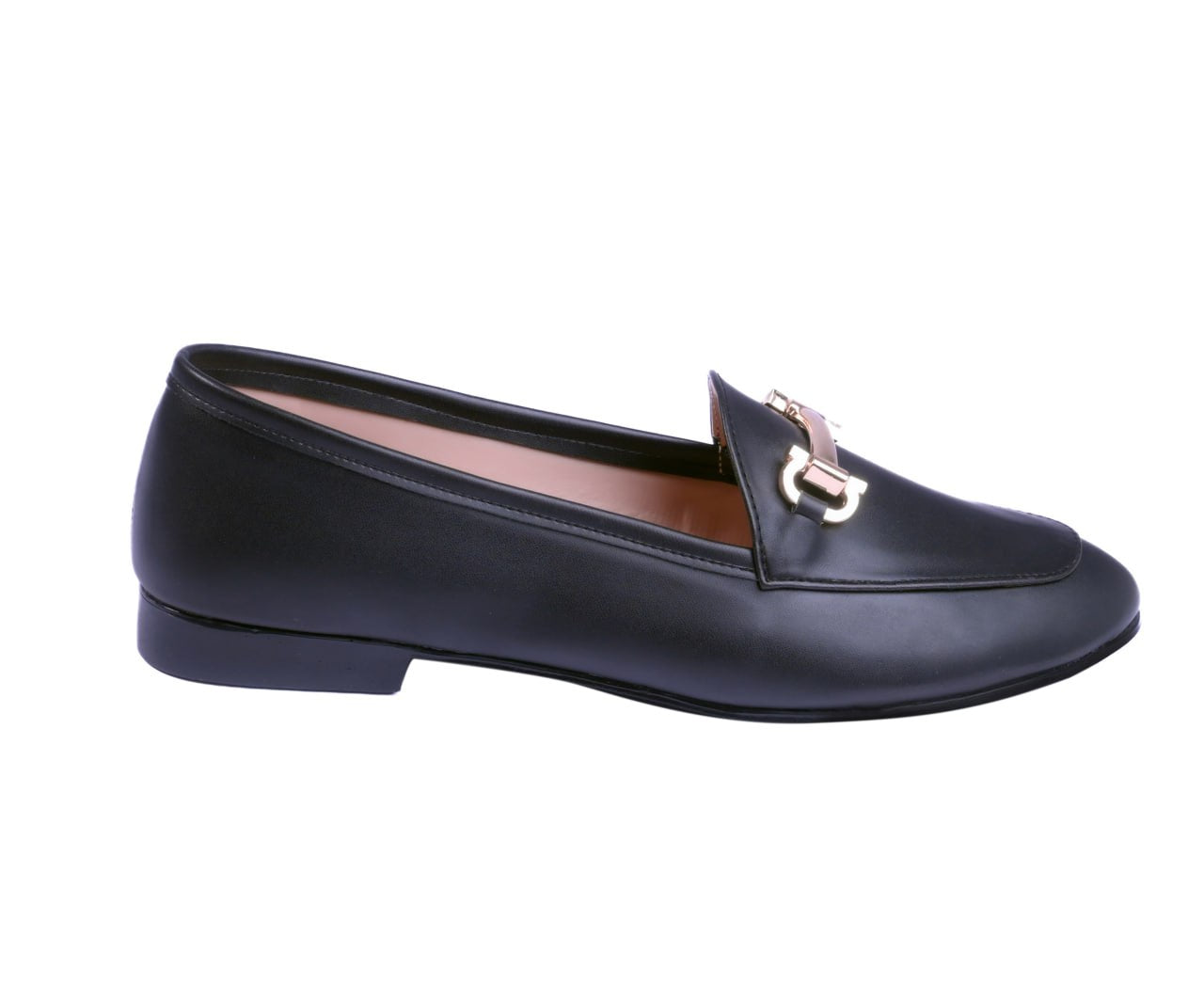 Pair of black loafers with gold buckles on a white background