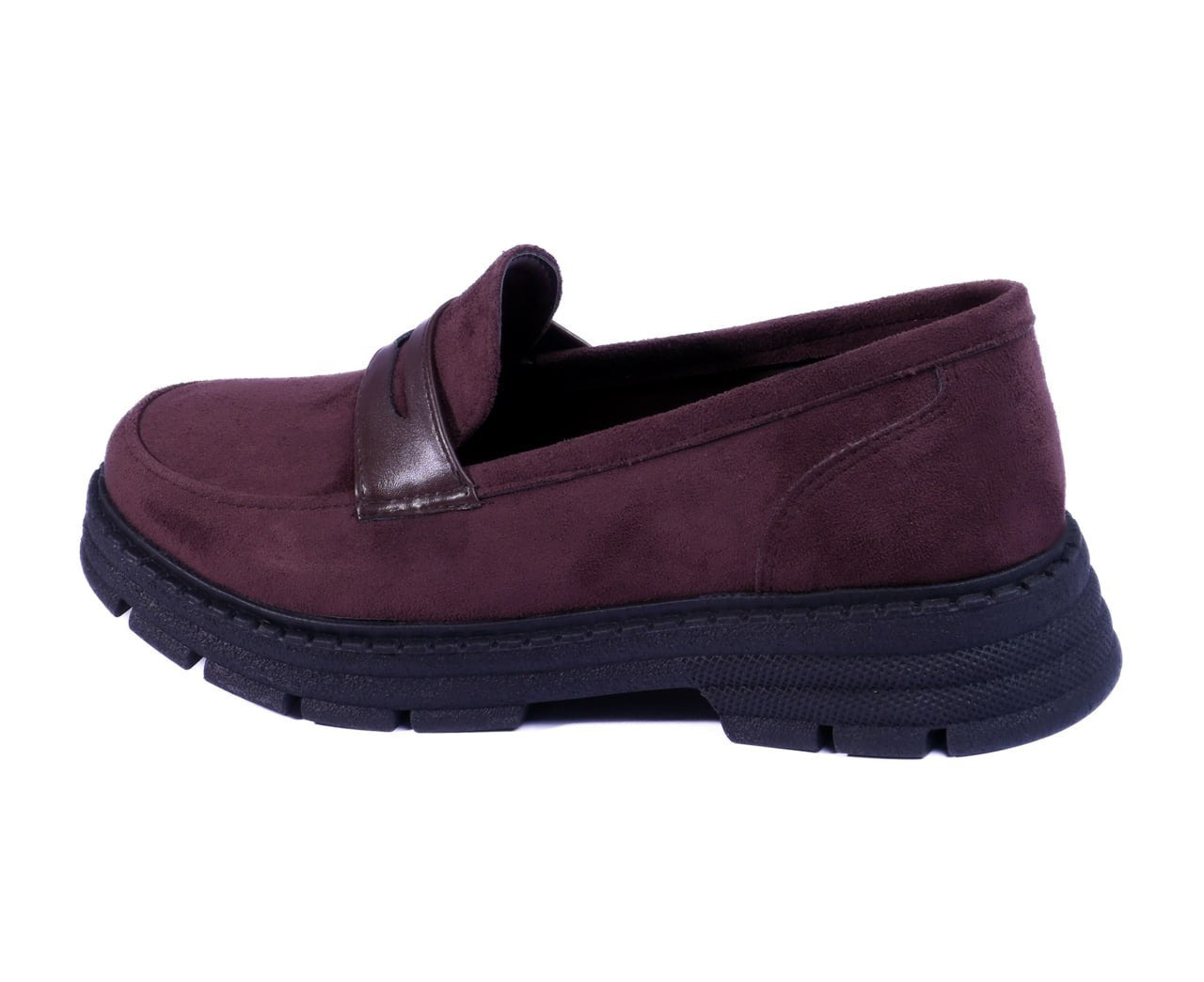 Brown suede chunky  loafers with a black lug sole.