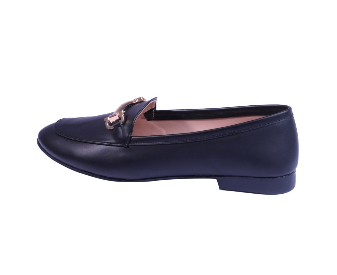 Pair of black loafers with gold buckles on a white background